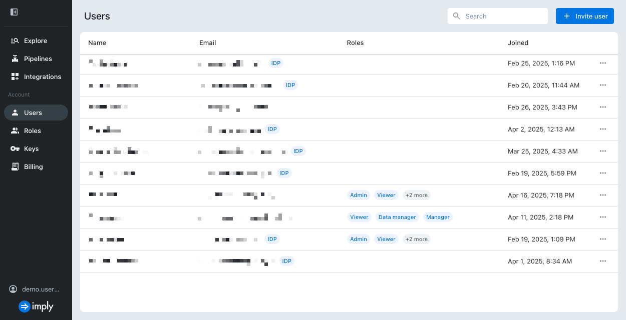 Users page in Imply Lumi