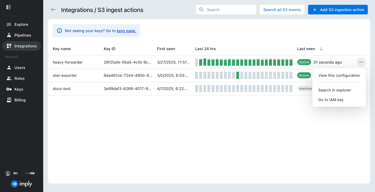 The Integration keys page