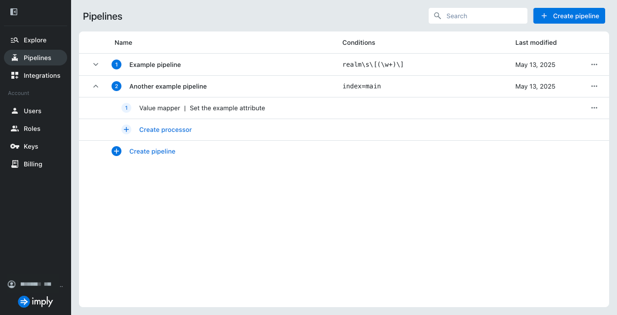 Pipelines page