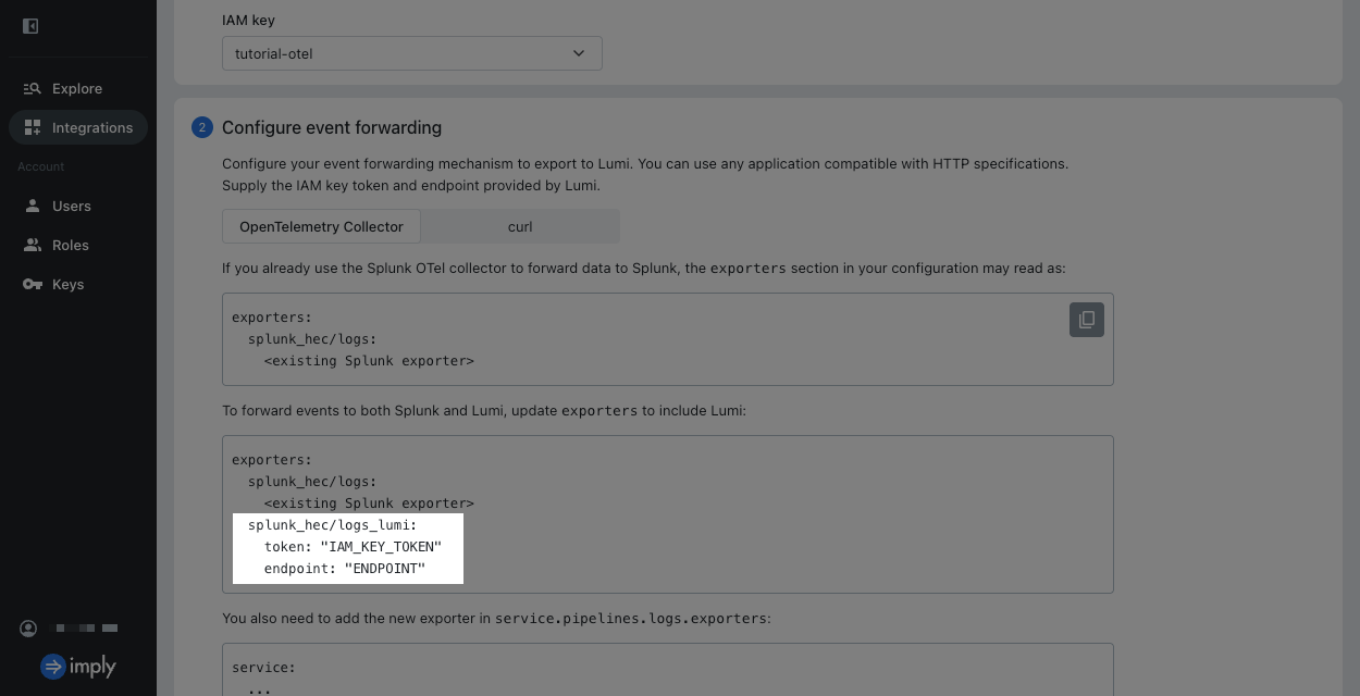 HEC page with OTel configuration