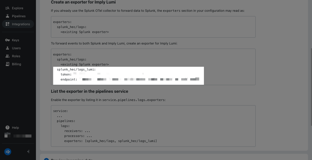 HEC page with OTel configuration